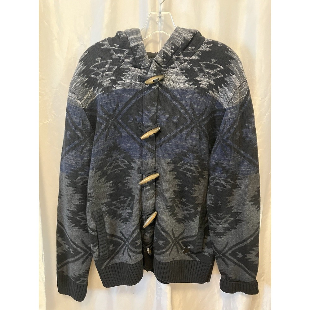 Trash‎ Nouveau Hooded Sweater Aztec Grey Blue Black Zipper & Buttons Large